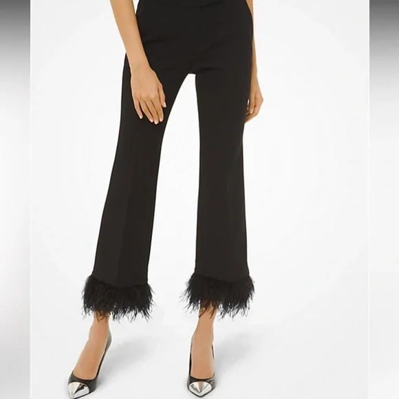 🆕 Michael Kors Stretch-Crepe Feather-Trim Cropped Pants Size 00 - Picture 3 of 12
